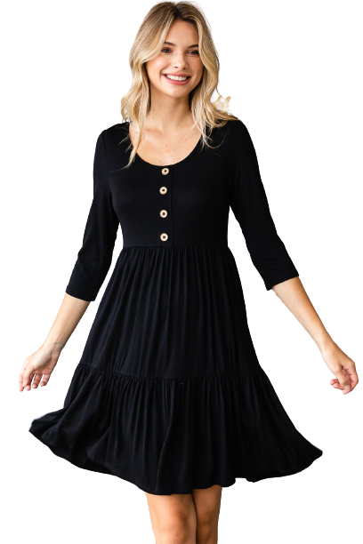 Black Round Neck Button Front Tiered Dress - Pack of 6