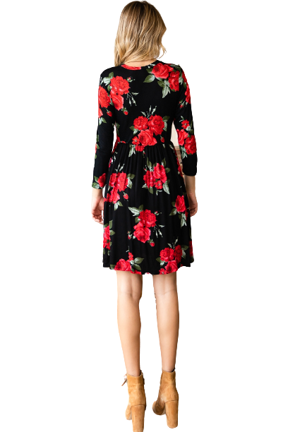 Black Floral 3/4 Sleeve Crew Neck Elastic Waist Dress - Pack of 6