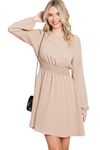 Tan Long Sleeve Round Neck Smock Waist Dress - Pack of 6