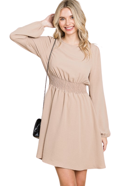 Tan Long Sleeve Round Neck Smock Waist Dress - Pack of 6