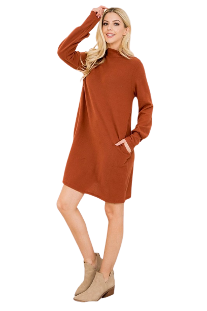 Rust Long Sleeve Mock Neck Pocket Dress - Pack of 6