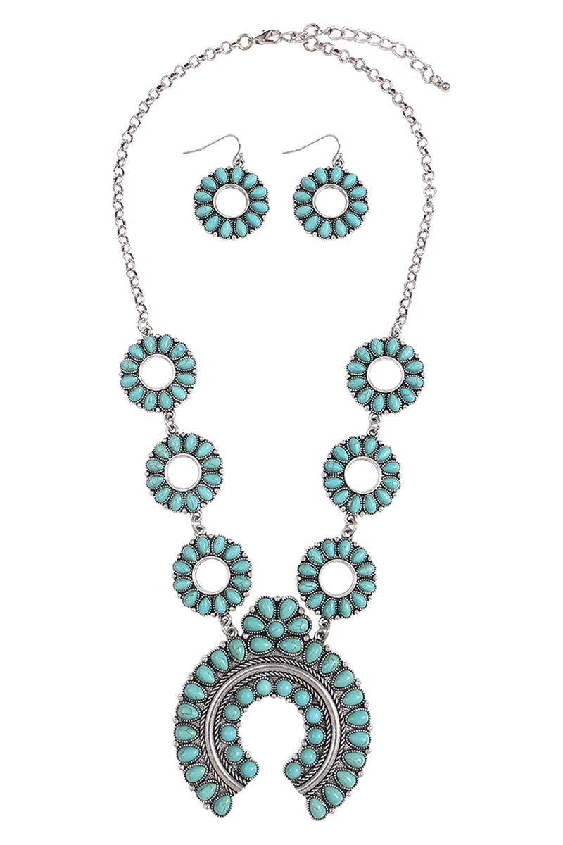 Flower Arc Natural Stone Western Concho Statement Necklace and Earring Set Silver Burnish Turquoise - Pack of 6