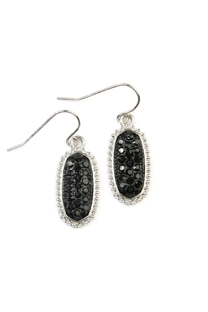 Silver Black Oval Texture Pave Rhinestone Classic Earrings - Pack of 6