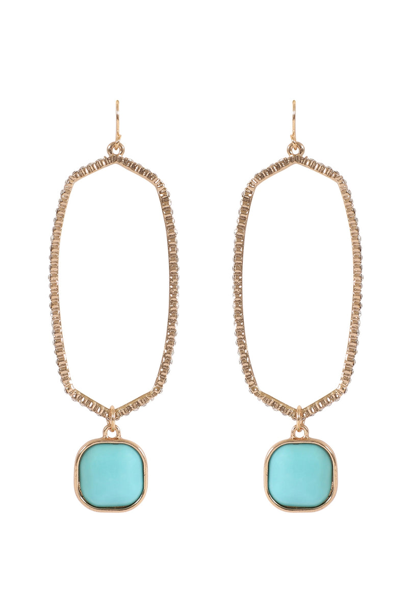 Pave Rhinestone Hexagon Shape Drop Hook Earrings Gold Turquoise - Pack of 6