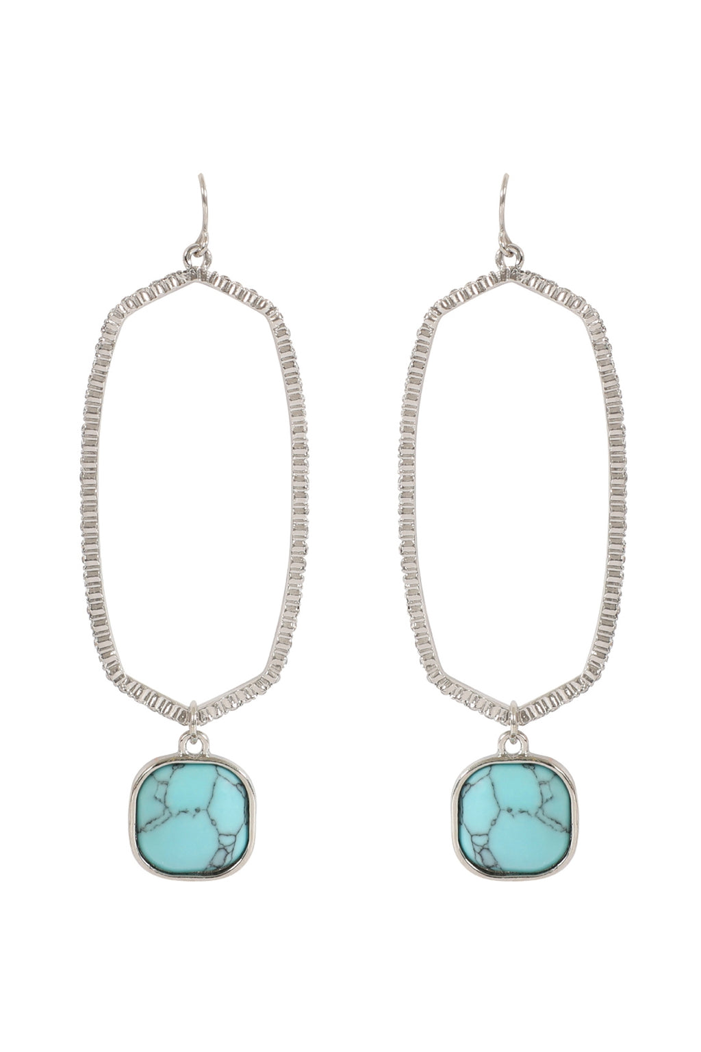 Pave Rhinestone Hexagon Shape Drop Hook Earrings Silver Turquoise - Pack of 6