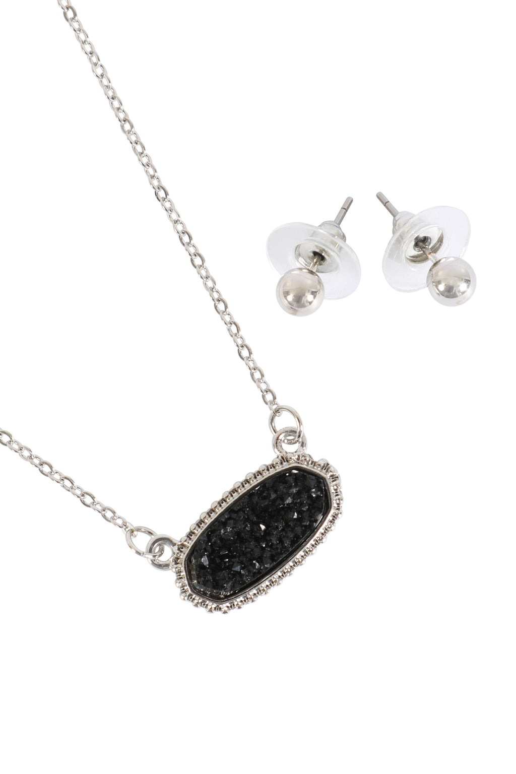 Silver Black Druzy Oval Stone Pendant Necklace and Earring Set - Pack of 6