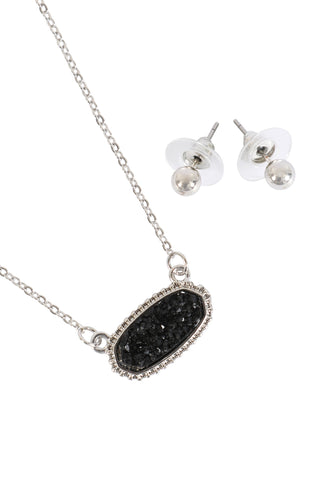 Gray Druzy Oval Stone Pendant Necklace and Earring Set - Pack of 6