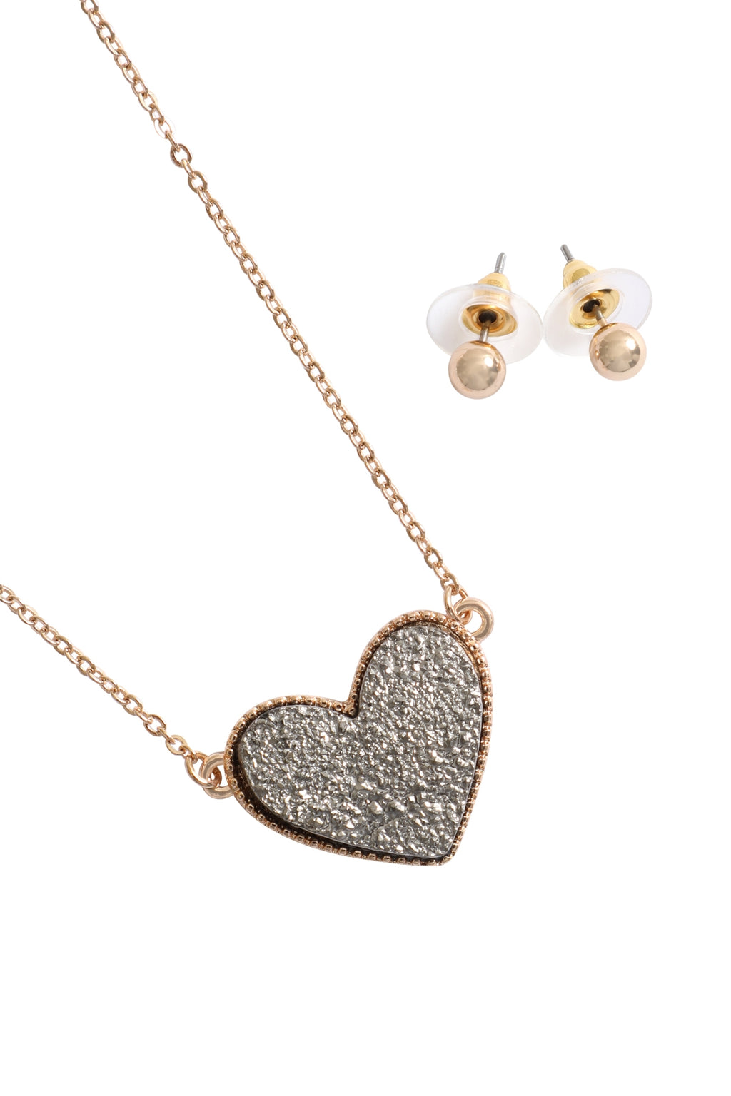 Valentine Heart Druzy Pendant Necklace and Earring Set Hematite - Pack of 6