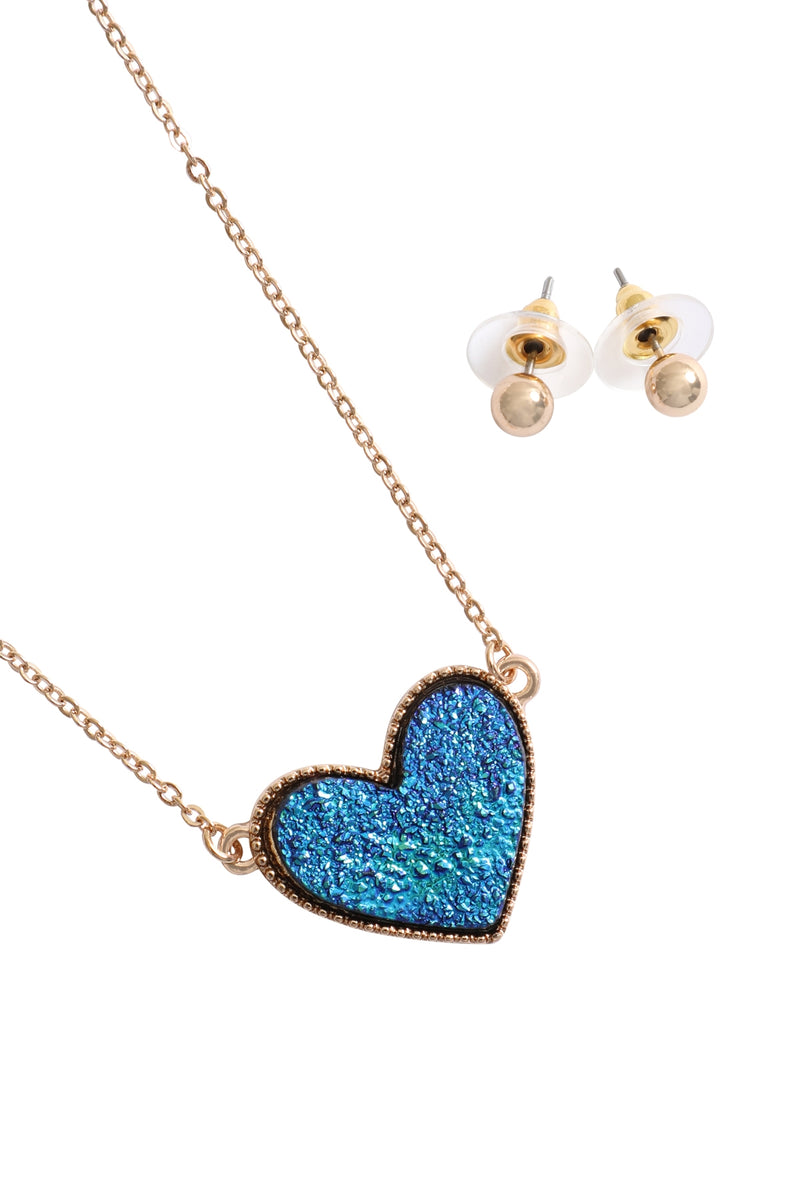 Valentine Heart Druzy Pendant Necklace and Earring Set Montana Blue - Pack of 6