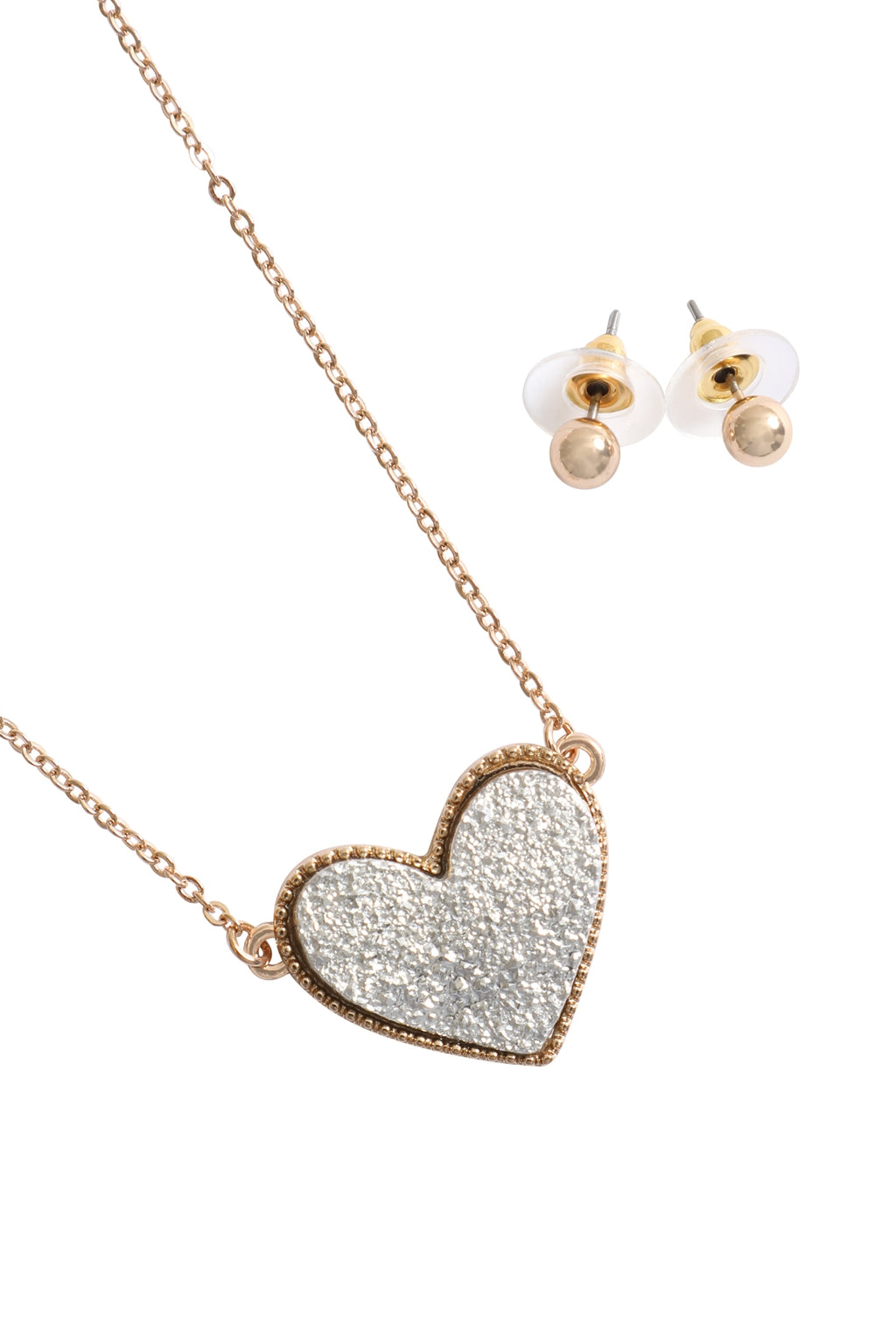 Valentine Heart Druzy Pendant Necklace and Earring Set Silver - Pack of 6