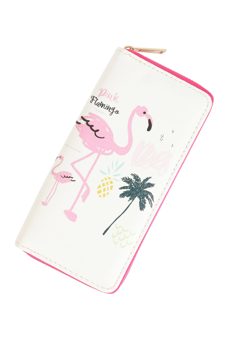 Pink Flamingo Leather Zipper Wallet White - Pack of 6