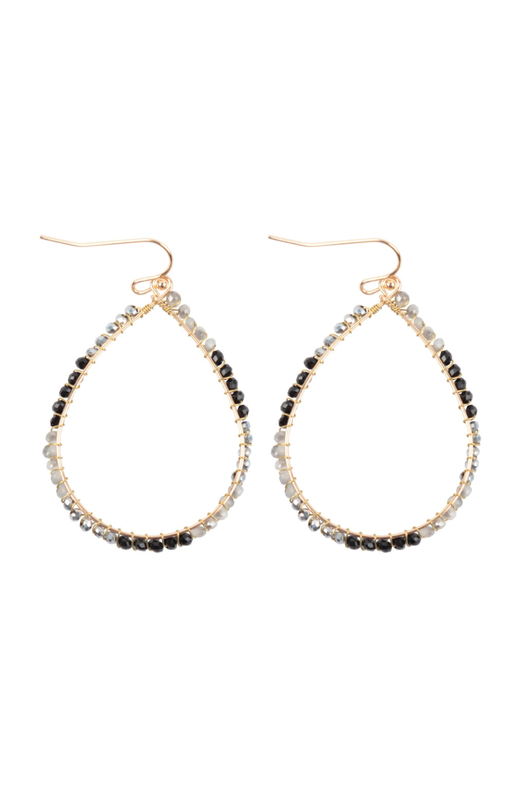 Wire Teardrop Glass Beads Fish Hook Earrings Black - Pack of 6