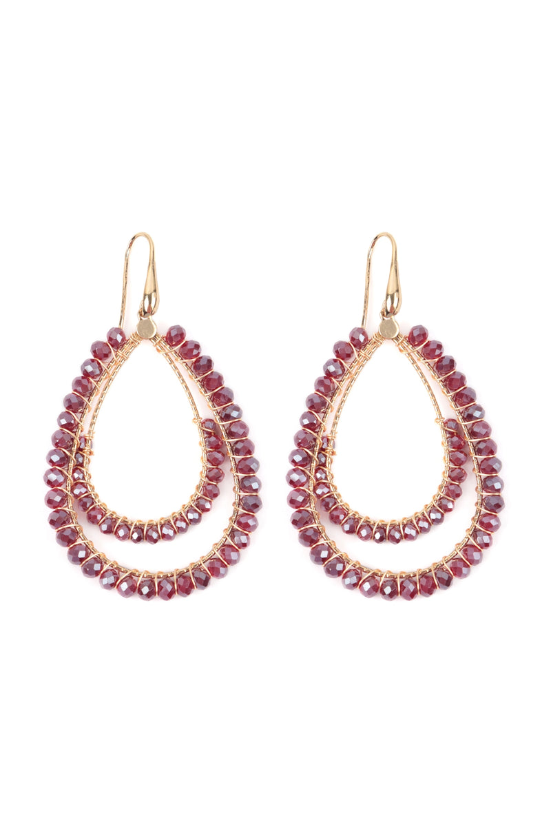 Boho Layered Rondelle Beads Teardrop Hook Earrings Burgundy - Pack of 6