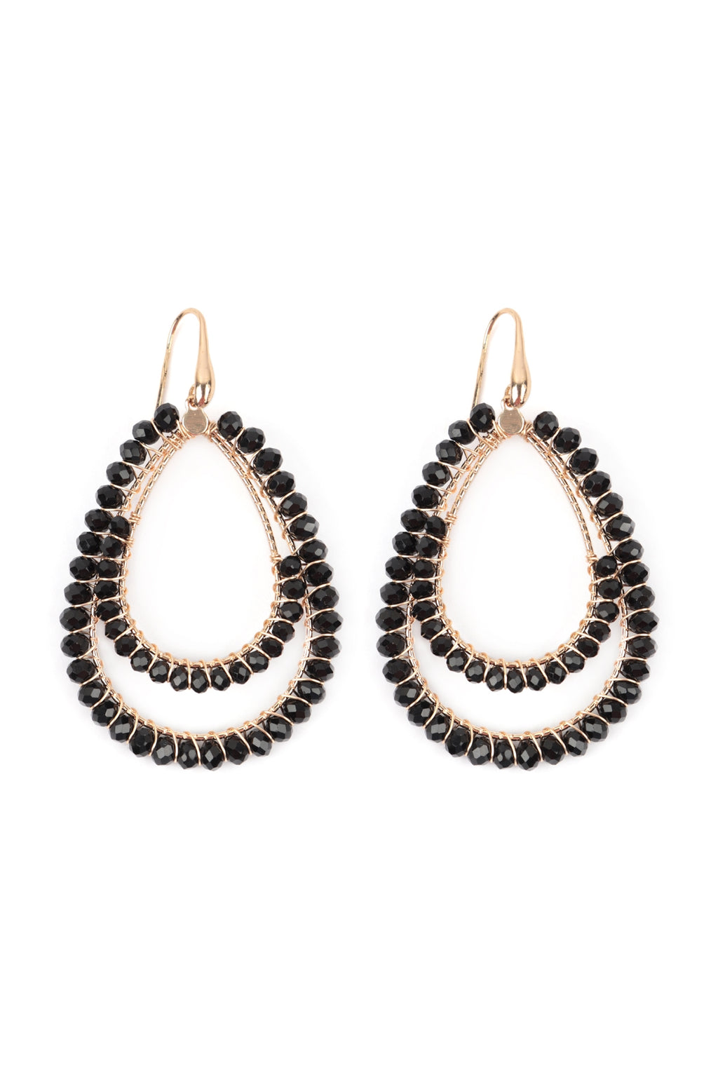 Boho Layered Rondelle Beads Teardrop Hook Earrings Black - Pack of 6