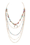 Layered Chain, Natural Stone Chip Mix Beads Crescent Pendant Necklace Multicolor - Pack of 6