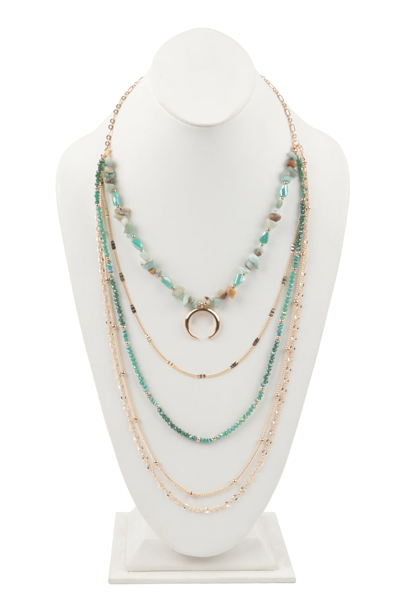 Layered Chain, Natural Stone Chip Mix Beads Crescent Pendant Necklace Amazonite - Pack of 6