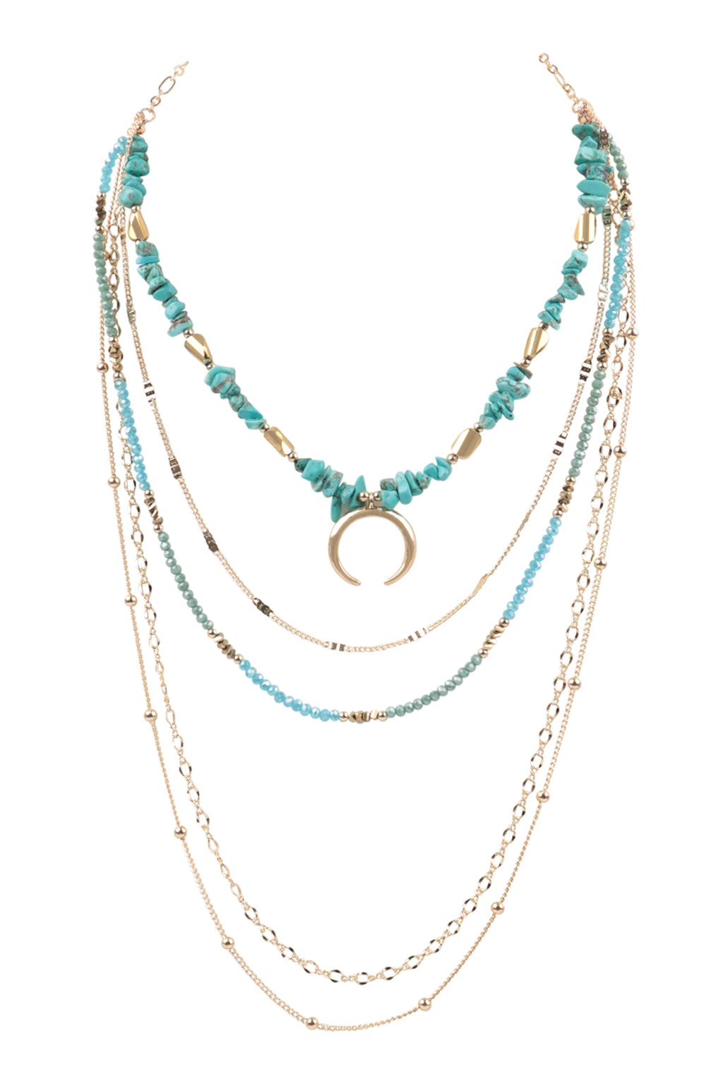 Layered Chain, Natural Stone Chip Mix Beads Crescent Pendant Necklace Turquoise - Pack of 6