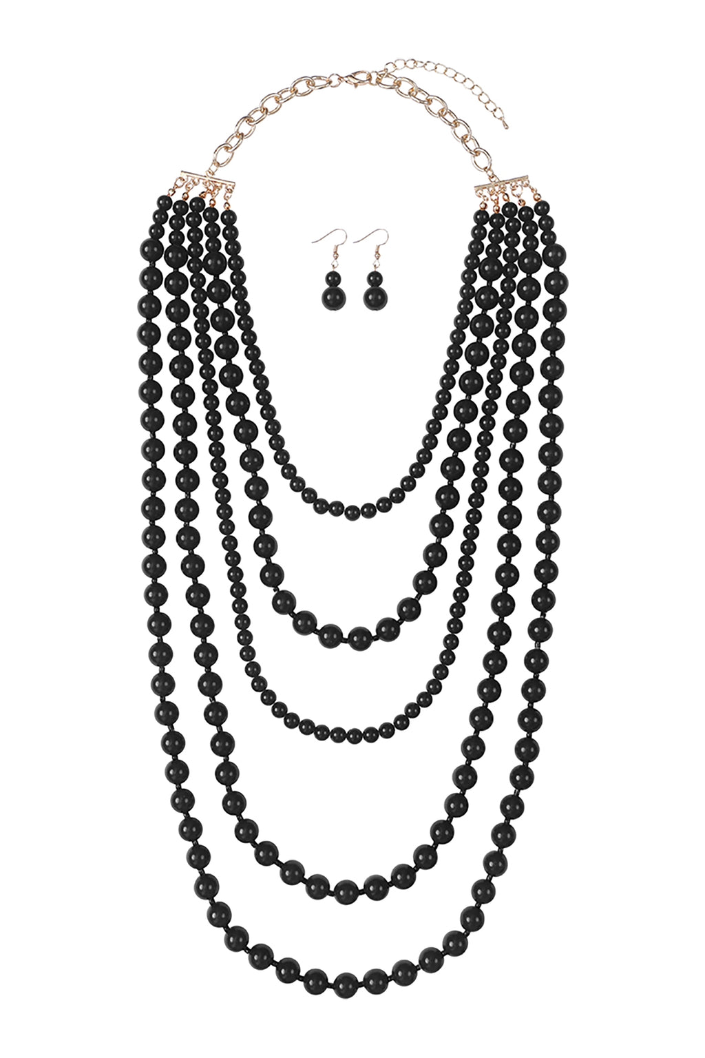 Multi Layered Beads Necklace and Earrings Set Black - Pack of 6