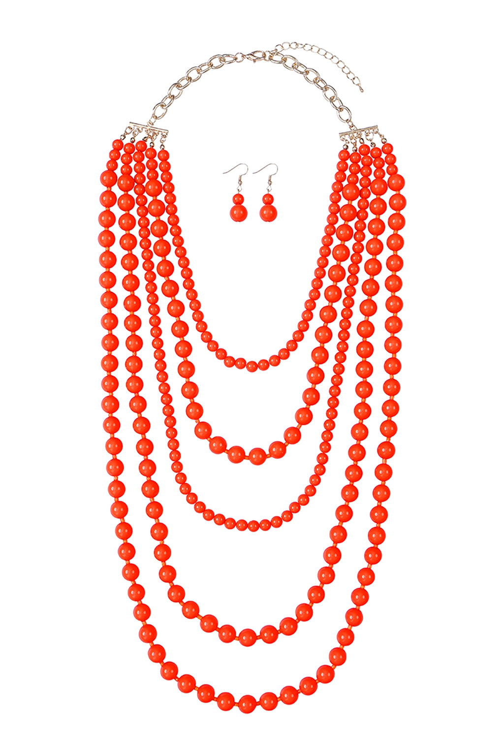 Multi Layered Beads Necklace and Earrings Set Coral - Pack of 6