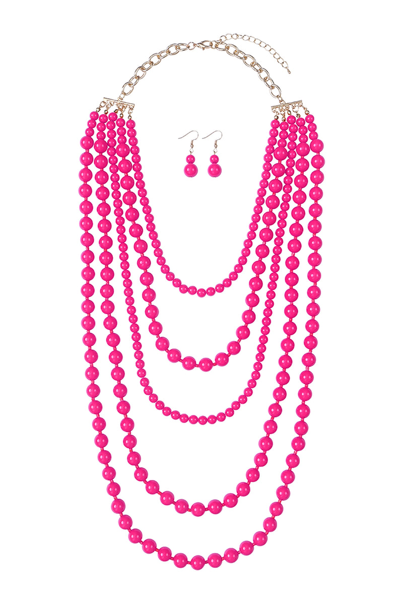Multi Layered Beads Necklace and Earrings Set Fuchsia - Pack of 6