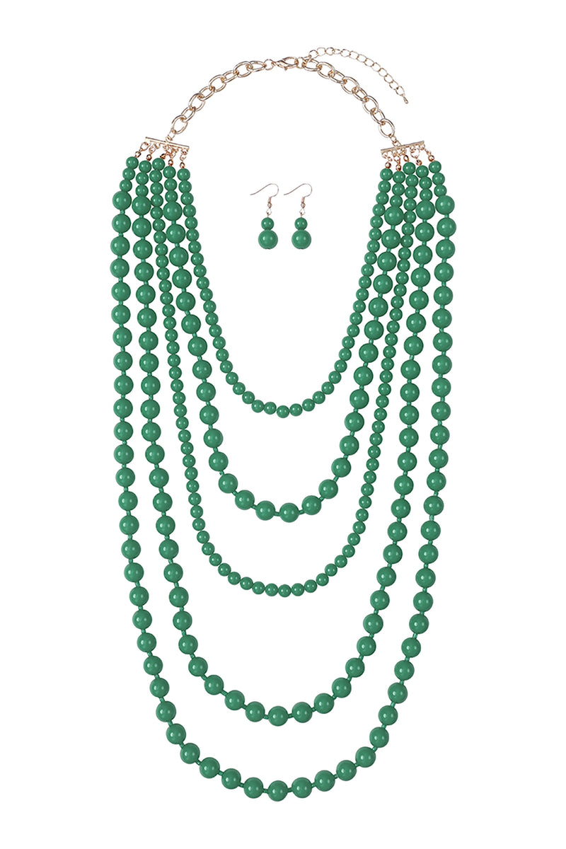 Multi Layered Beads Necklace and Earrings Set Green - Pack of 6