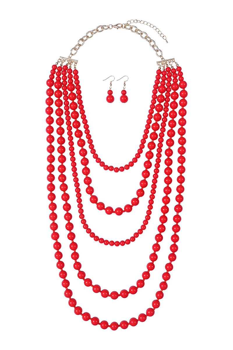 Multi Layered Beads Necklace and Earrings Set Red - Pack of 6