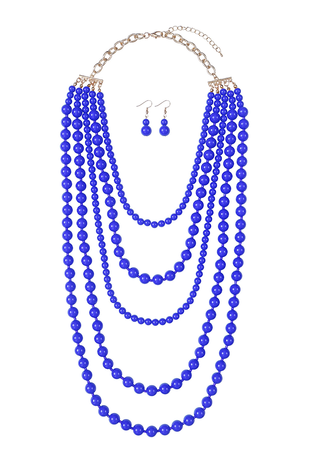 Multi Layered Beads Necklace and Earrings Set Sapphire - Pack of 6