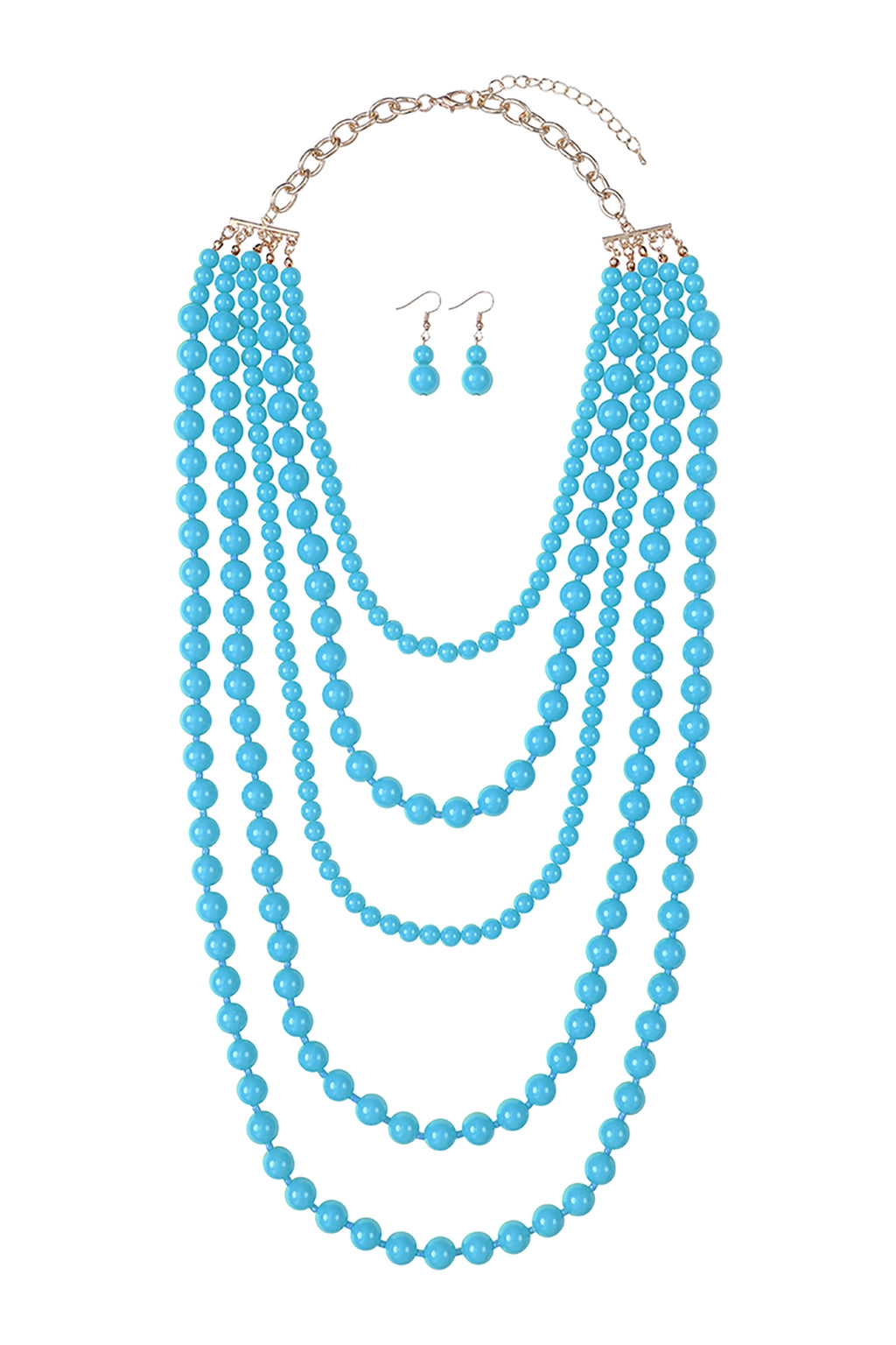 Multi Layered Beads Necklace and Earrings Set Turquoise - Pack of 6