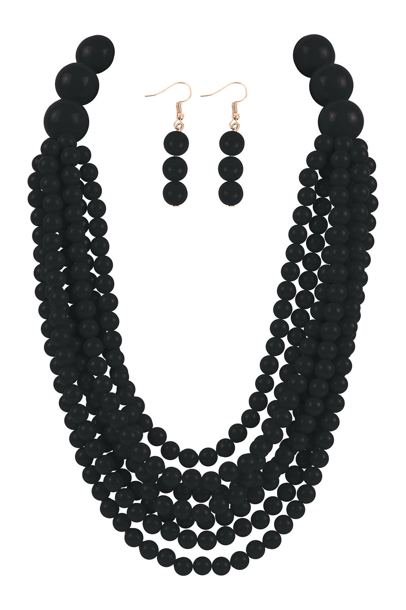 Round Bead Layered Statement Necklace and Earring Set Black - Pack of 6