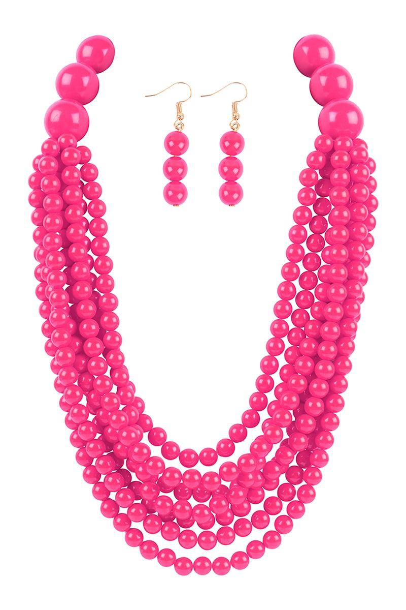 Round Bead Layered Statement Necklace and Earring Set Fuchsia - Pack of 6