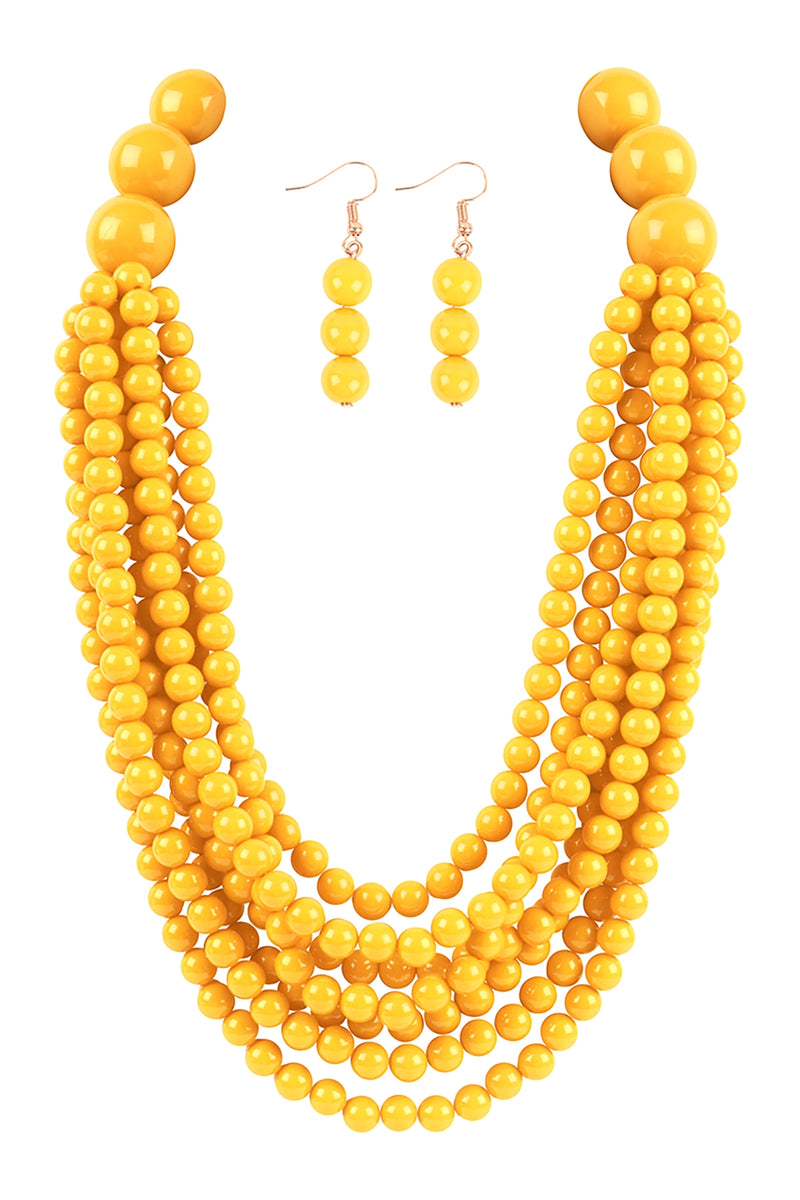 Round Bead Layered Statement Necklace and Earring Set Mustard - Pack of 6