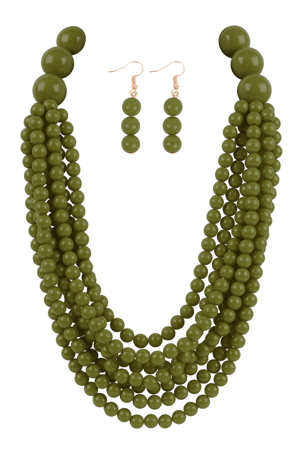 Round Bead Layered Statement Necklace and Earring Set Olive - Pack of 6