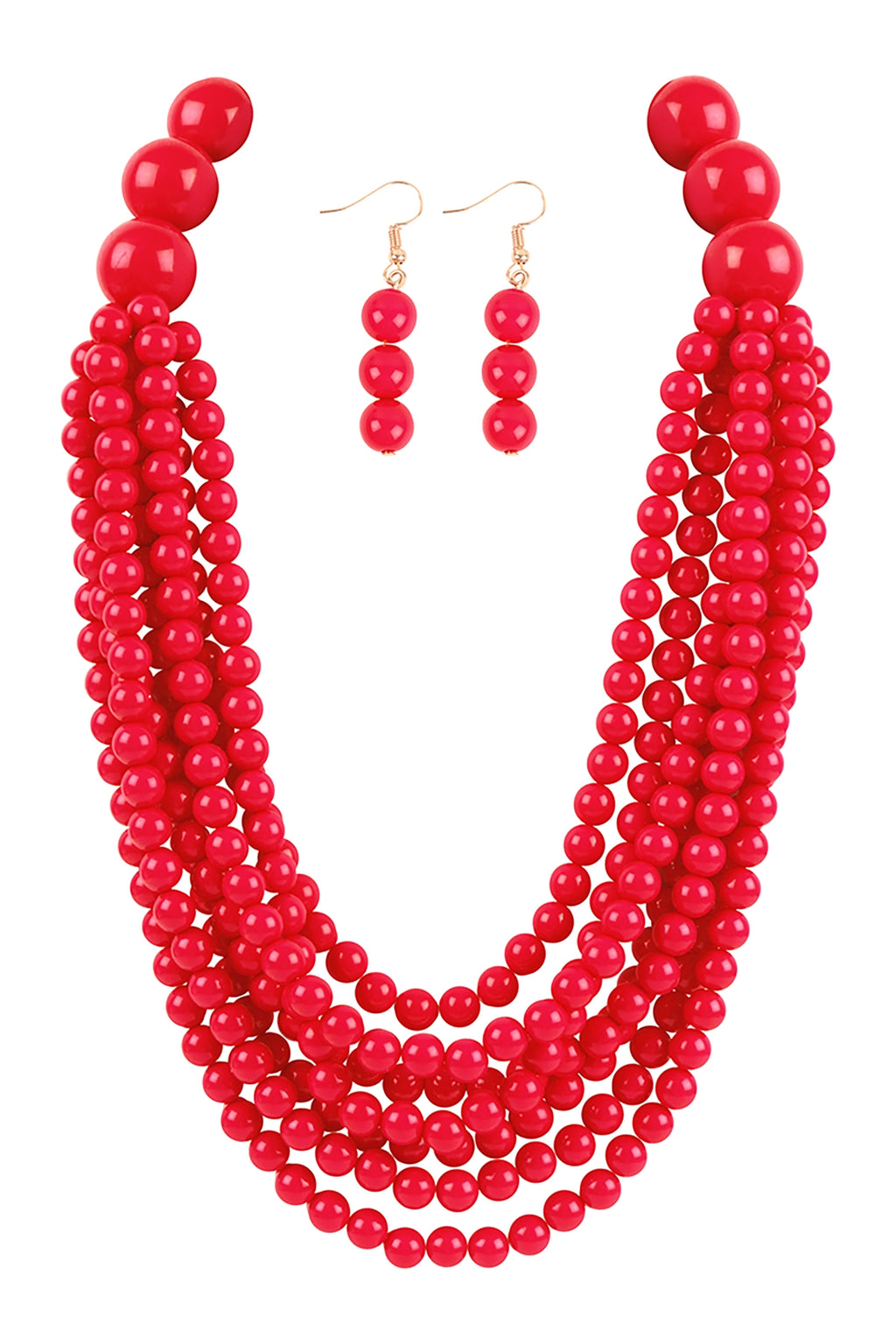 Round Bead Layered Statement Necklace and Earring Set Red - Pack of 6