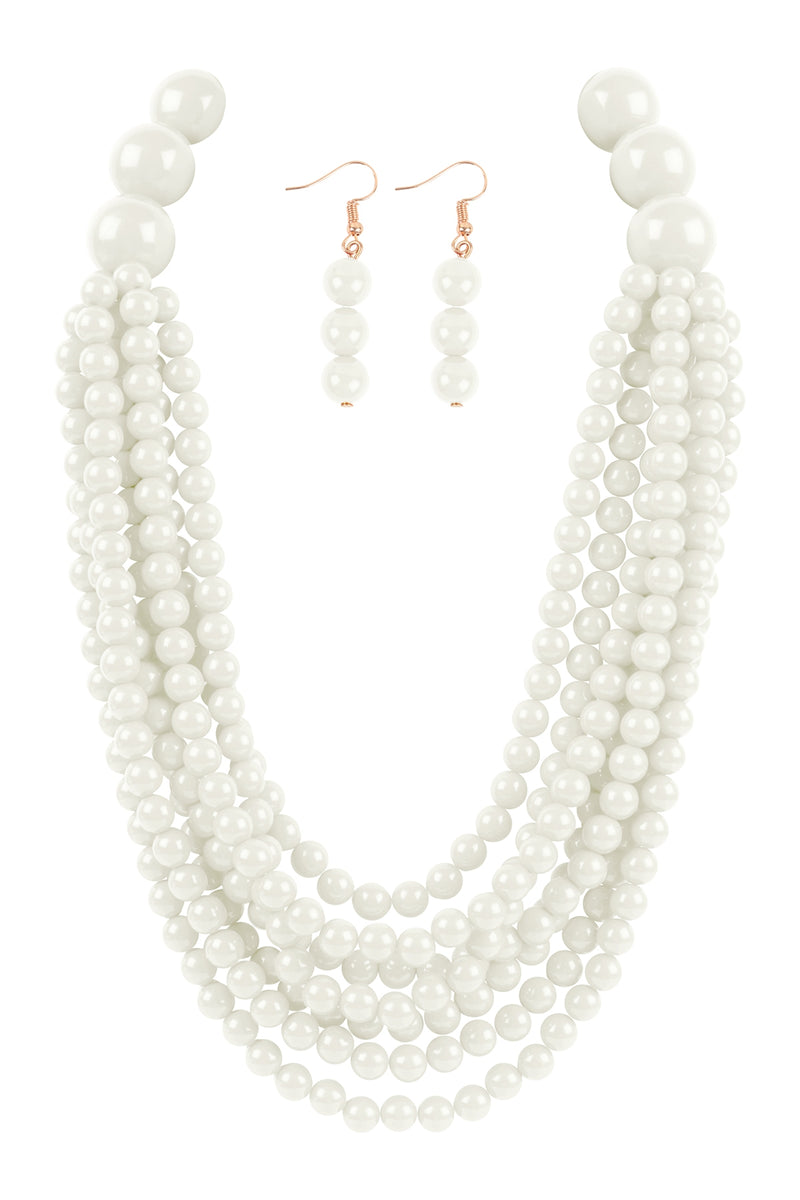 Round Bead Layered Statement Necklace and Earring Set White - Pack of 6