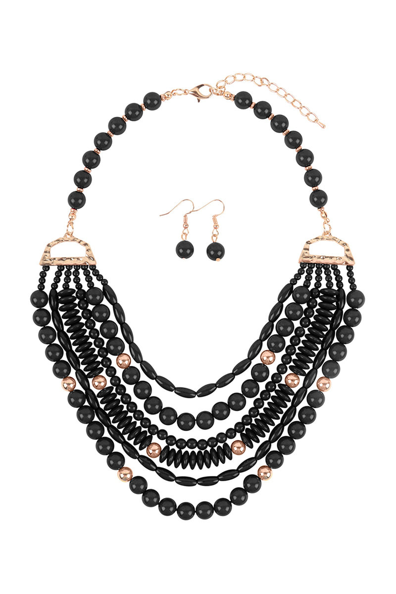 Layered Bib Bohemian Statement Necklace and Earrings Set Black - Pack of 6
