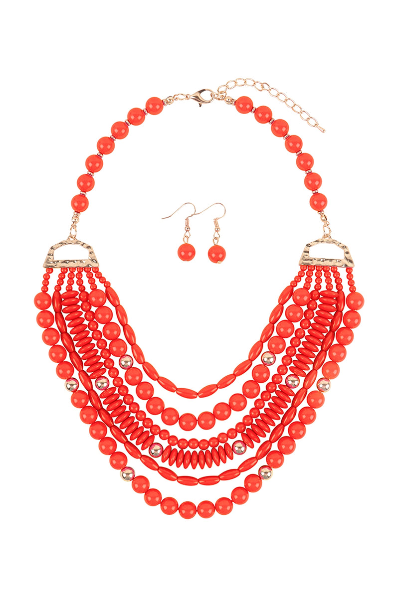 Layered Bib Bohemian Statement Necklace and Earrings Set Coral - Pack of 6