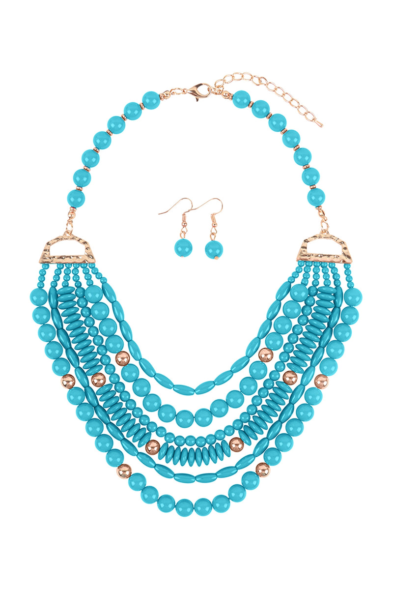 Layered Bib Bohemian Statement Necklace and Earrings Set Turquoise - Pack of 6