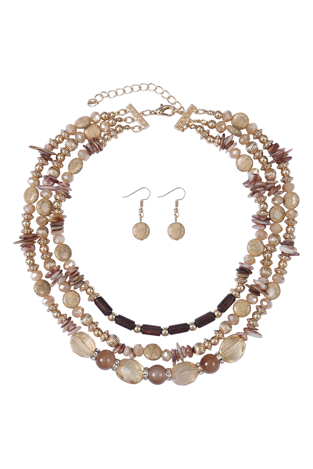 3 Line Layered Natural Stone, Mix Beads Necklace and Earring Set Light Brown - Pack of 6