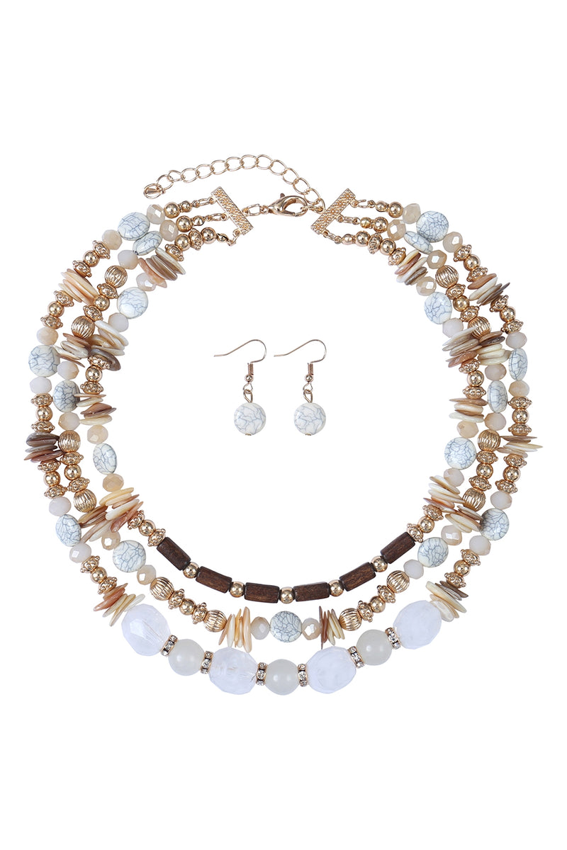 3 Line Layered Natural Stone, Mix Beads Necklace and Earring Set Natural - Pack of 6