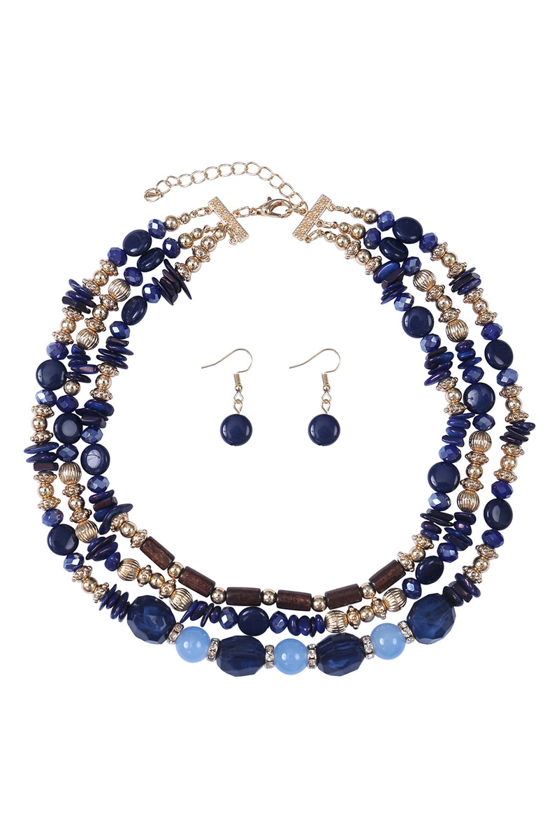 3 Line Layered Natural Stone, Mix Beads Necklace and Earring Set Navy - Pack of 6