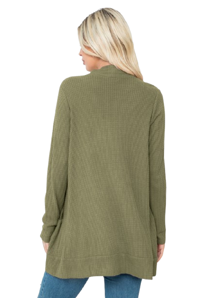 Plus Size Brushed Waffle Long Sleeve Side Pocket Open Front Cardigan Army Green - Pack of 6
