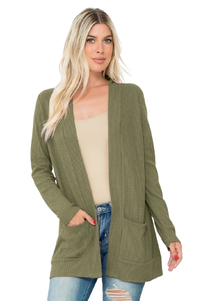 Plus Size Brushed Waffle Long Sleeve Side Pocket Open Front Cardigan Army Green - Pack of 6