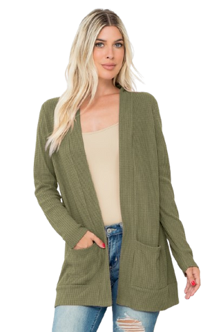 Plus Size Brushed Waffle Long Sleeve Side Pocket Open Front Cardigan Burgundy - Pack of 6