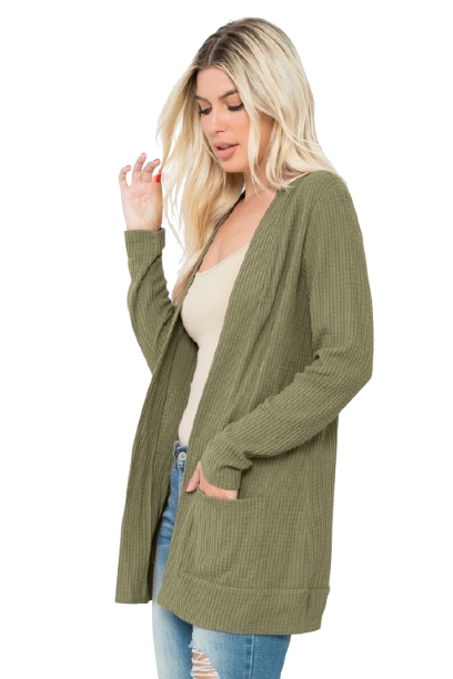 Plus Size Brushed Waffle Long Sleeve Side Pocket Open Front Cardigan Army Green - Pack of 6