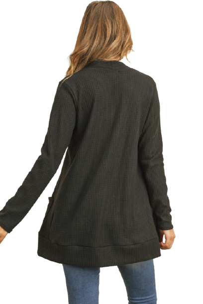 Plus Size Brushed Waffle Long Sleeve Side Pocket Open Front Cardigan Black - Pack of 6