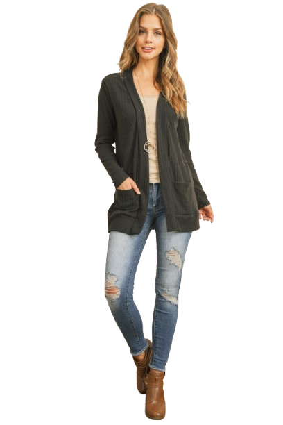 Plus Size Brushed Waffle Long Sleeve Side Pocket Open Front Cardigan Black - Pack of 6