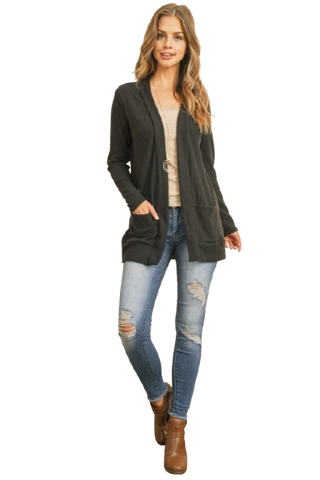 Plus Size Brushed Waffle Long Sleeve Side Pocket Open Front Cardigan Burgundy - Pack of 6