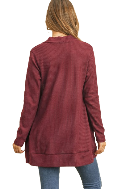 Plus Size Brushed Waffle Long Sleeve Side Pocket Open Front Cardigan Burgundy - Pack of 6