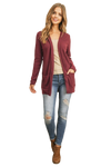 Plus Size Brushed Waffle Long Sleeve Side Pocket Open Front Cardigan Burgundy - Pack of 6