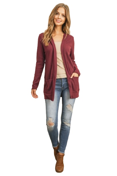 Plus Size Brushed Waffle Long Sleeve Side Pocket Open Front Cardigan Burgundy - Pack of 6